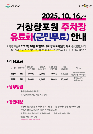거창창포원, 10월 16일부터 주차장 유료화(군민무료) 시행